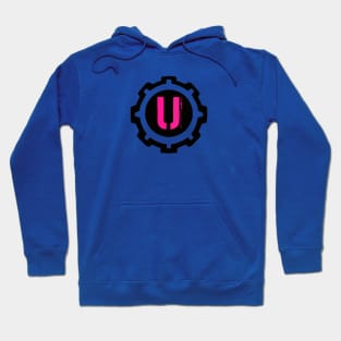 Pink Letter U in a Black Industrial Cog Hoodie